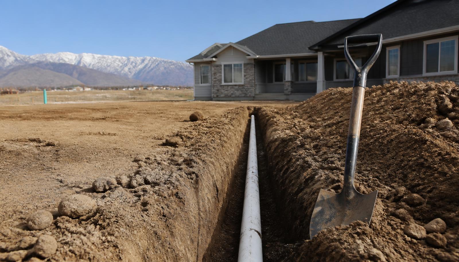 Open utility trench with new white water line laid in dirt beside a newly built home with snow-capped mountains behind