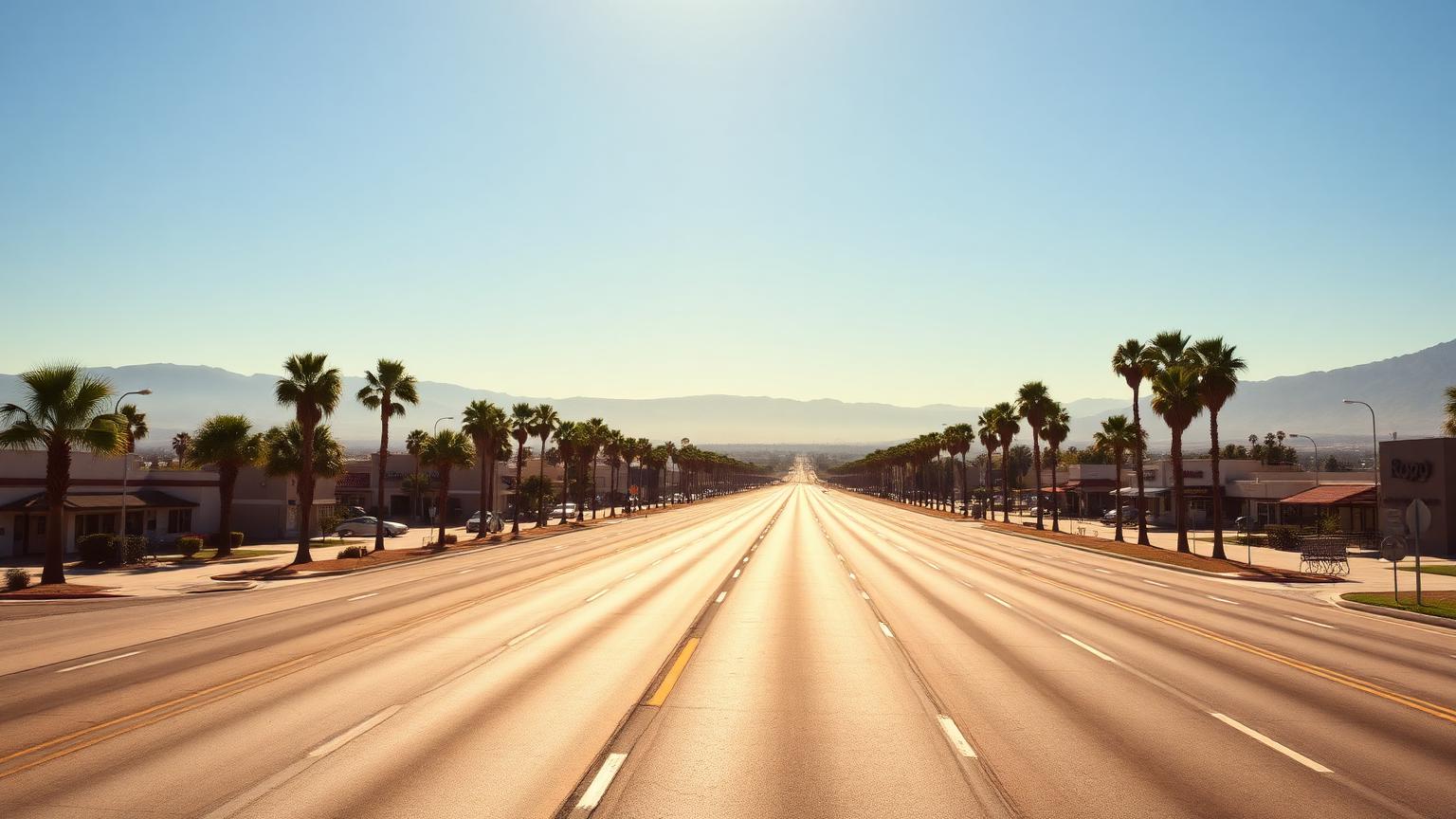 A wide Fresno boulevard under a hazy summer sky with valley heat shimmering off the asphalt