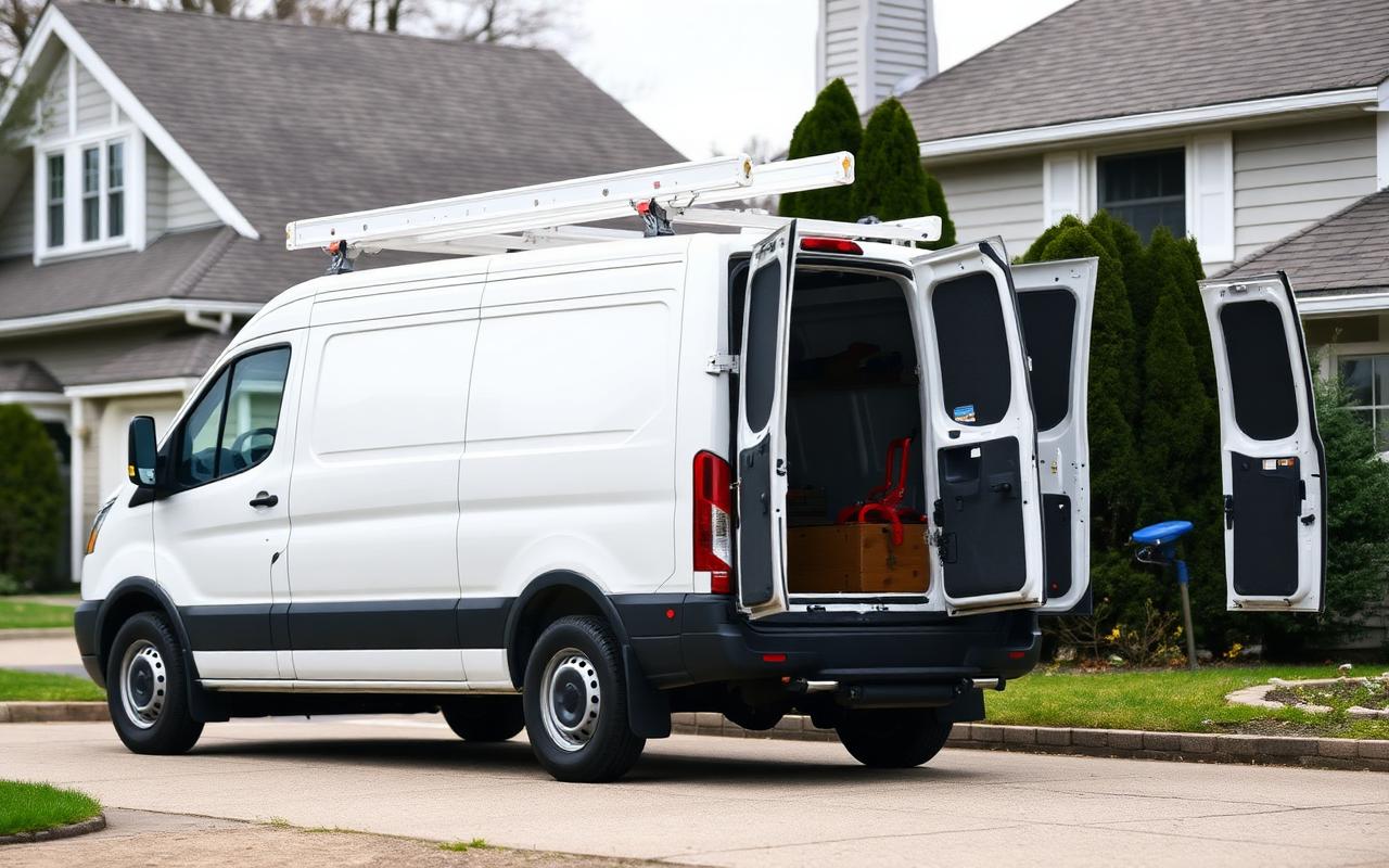 Contractor's service van parked in a residential driveway in the Town of Hempstead, NY