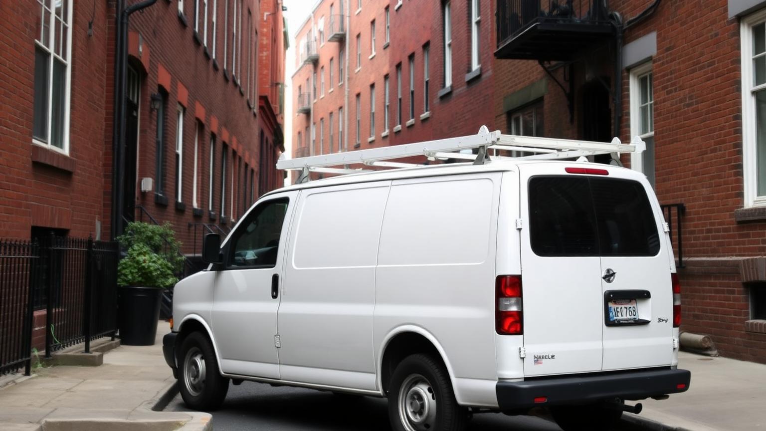 Contractor's service van parked along a Philadelphia rowhouse street