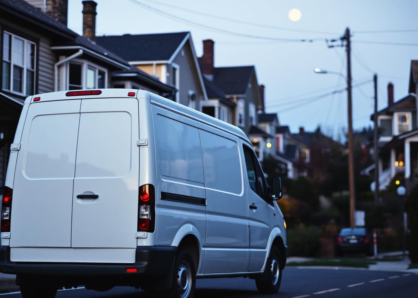 Contractor's service van parked on a steep, tree-lined residential street in Yonkers, NY