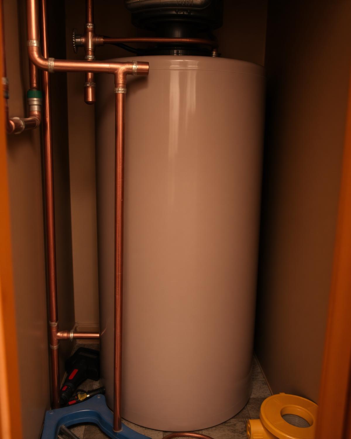 Copper supply lines and a residential water heater in a tight Fort Lauderdale utility closet with tools on the floor