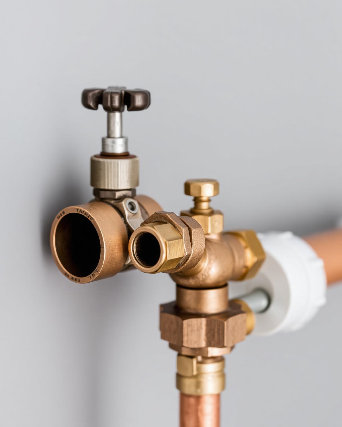 Close-up of new copper pipe and brass valves on a Houston, Texas residential plumbing installation