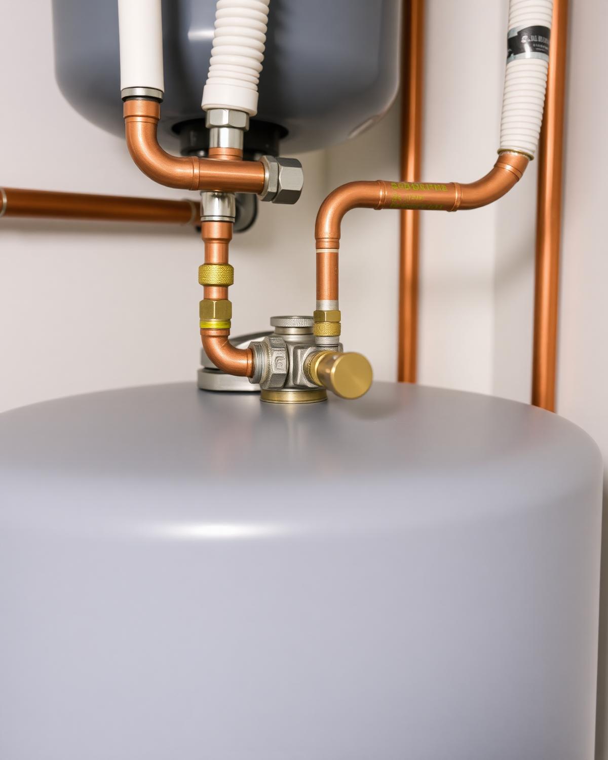 Copper supply lines and shutoff valves above a residential water heater tank in an Austin, Texas home