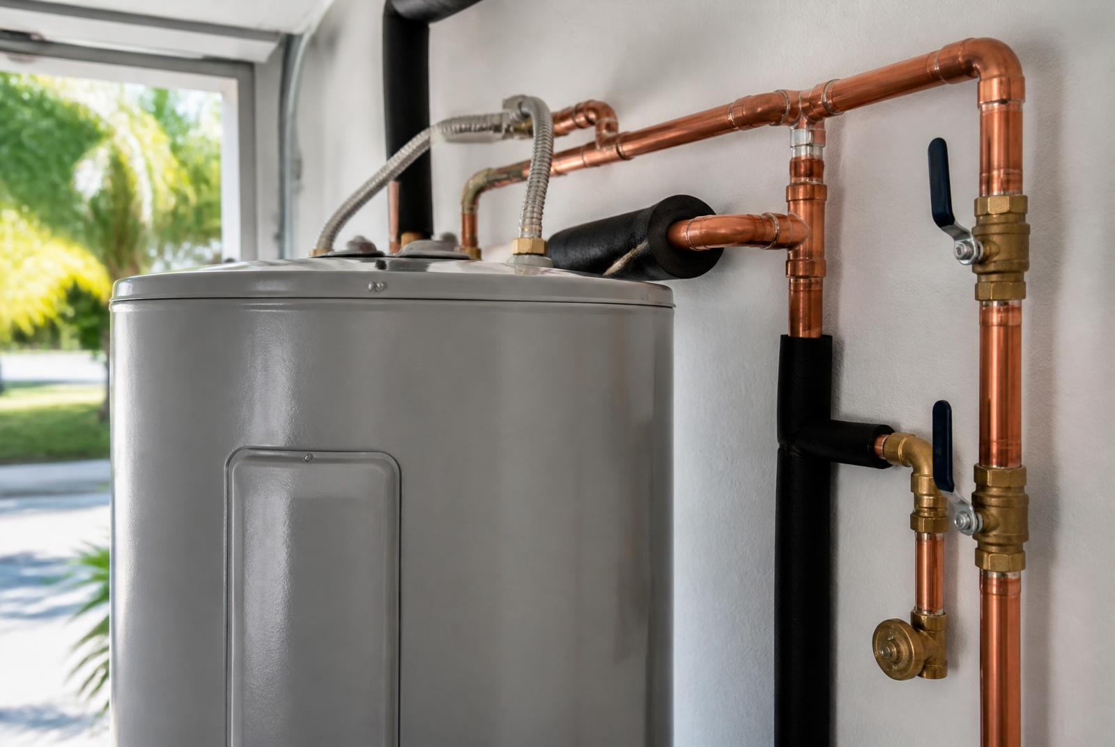 Close-up of a newly installed water heater and copper pipe manifold in a Tallahassee garage