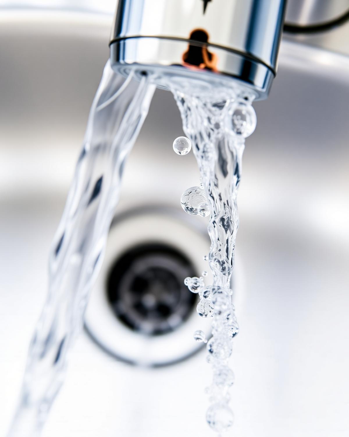 Close-up of water running from a chrome kitchen faucet into a stainless steel sink