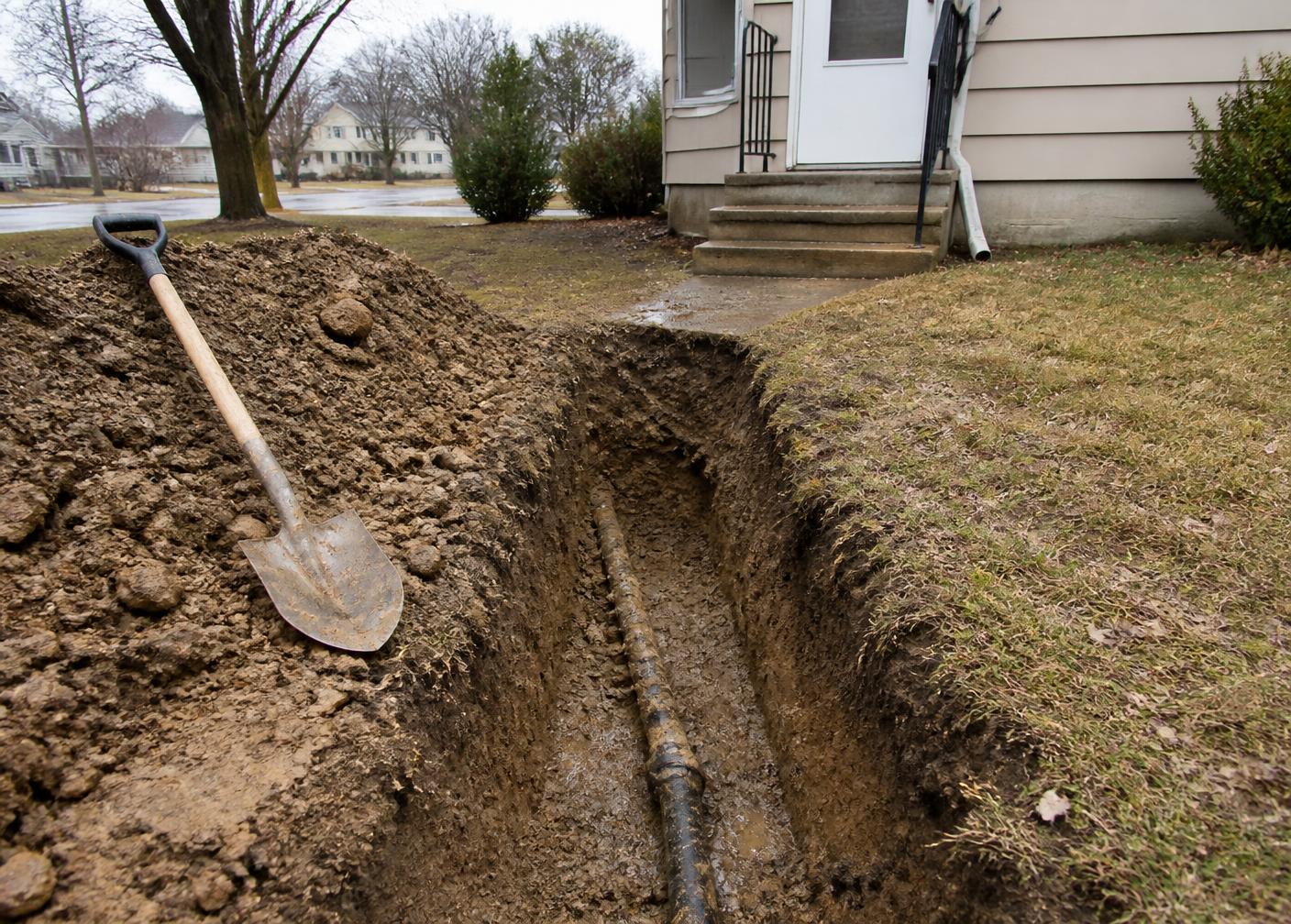 Open trench dug through a front yard exposing an old water service line running toward a house
