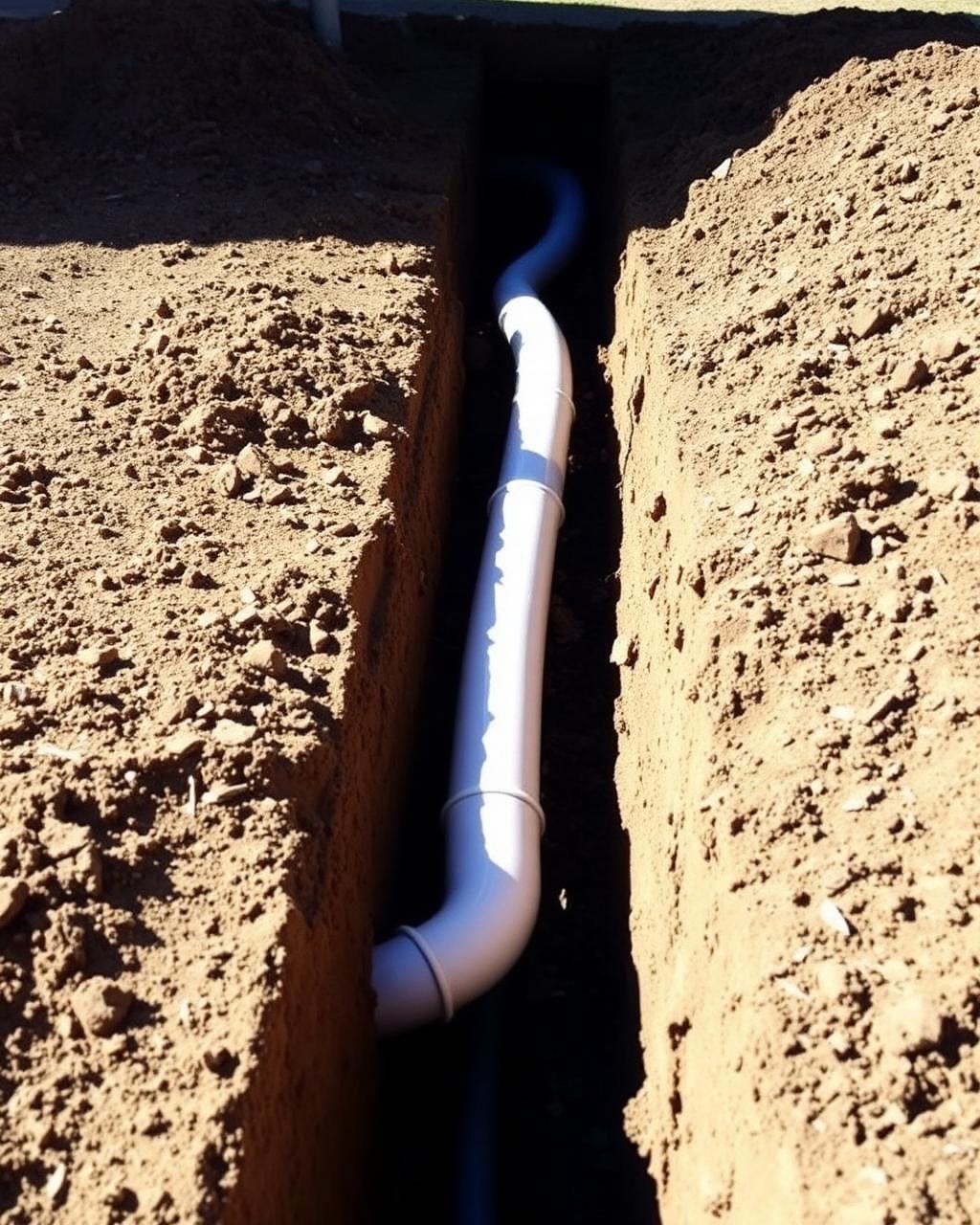 Open utility trench with new water supply line in a San Antonio, Texas front yard cut through caliche soil