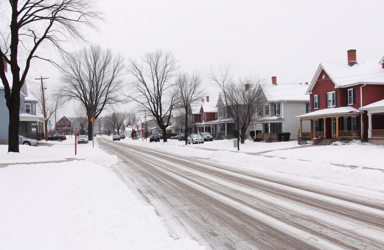Snow-covered residential street of older frame houses on a grey winter afternoon with plowed slush along the curb