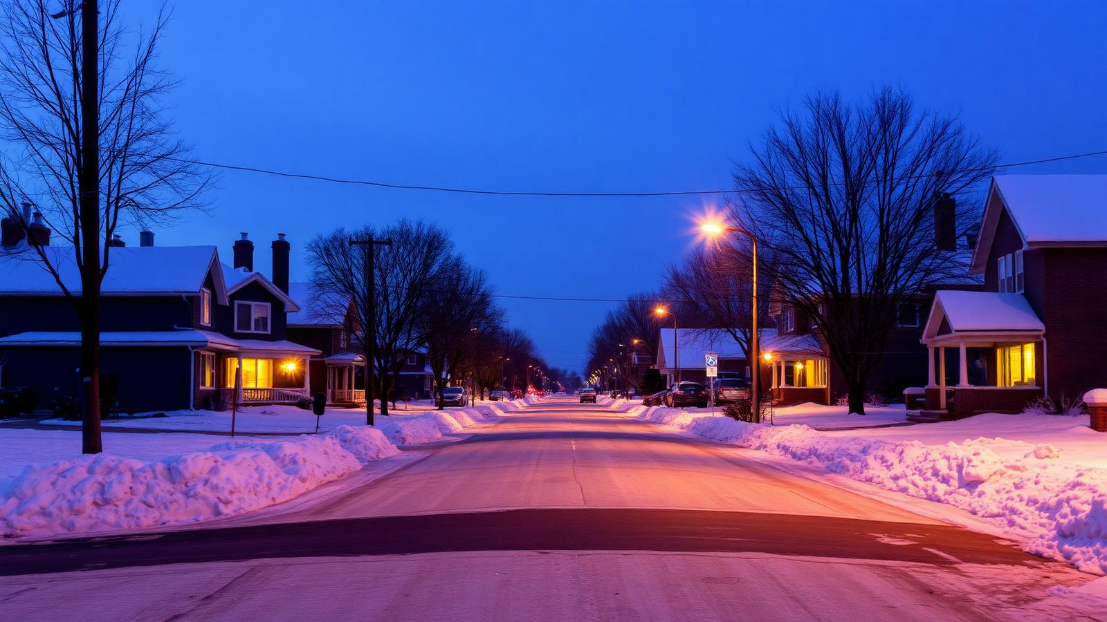 Snow-covered residential street in an older Midwest neighborhood with bare trees and frost on parked cars