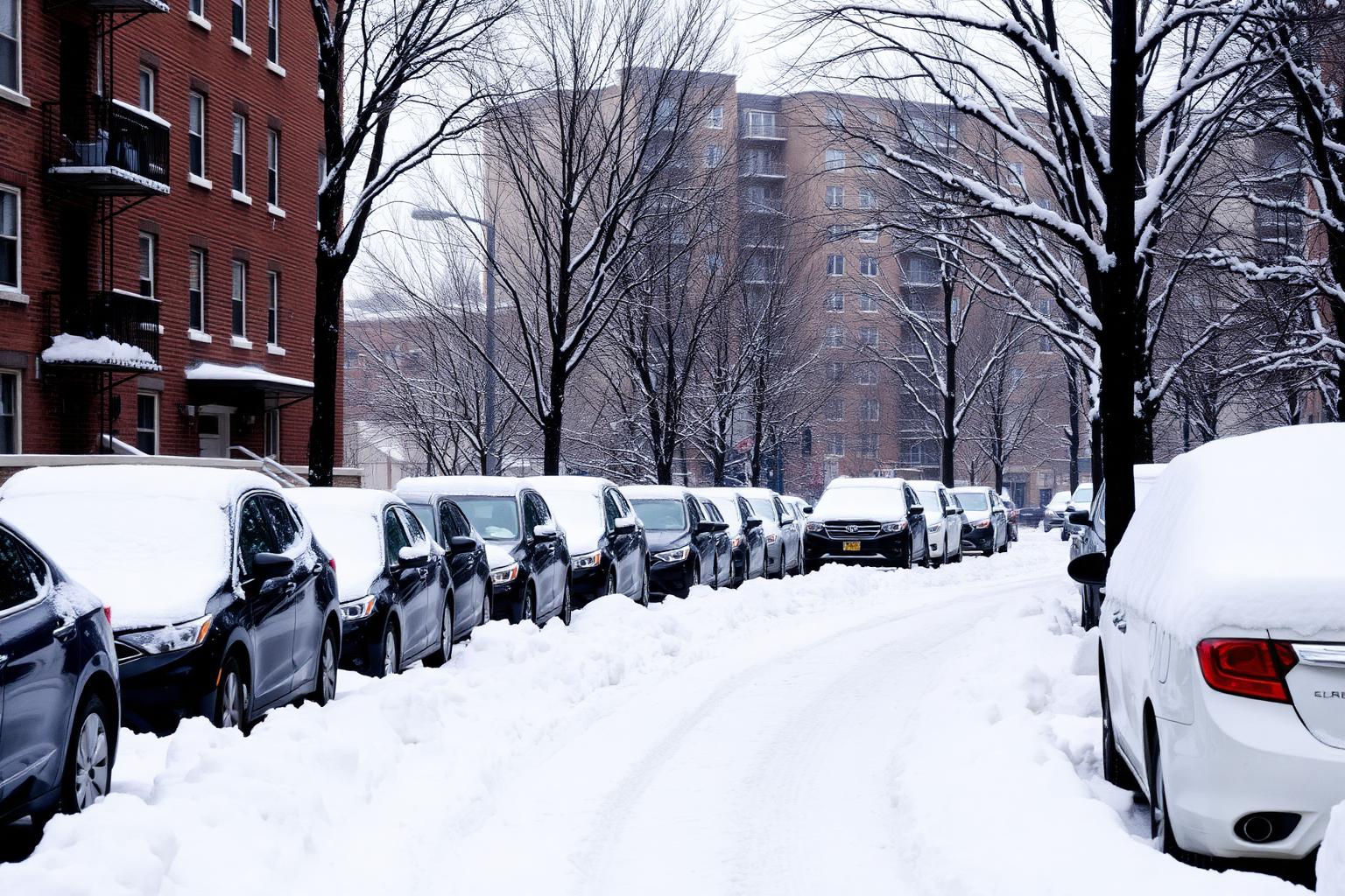 Snow-covered Chicago street lined with brick two-flats and bare trees under a gray winter sky