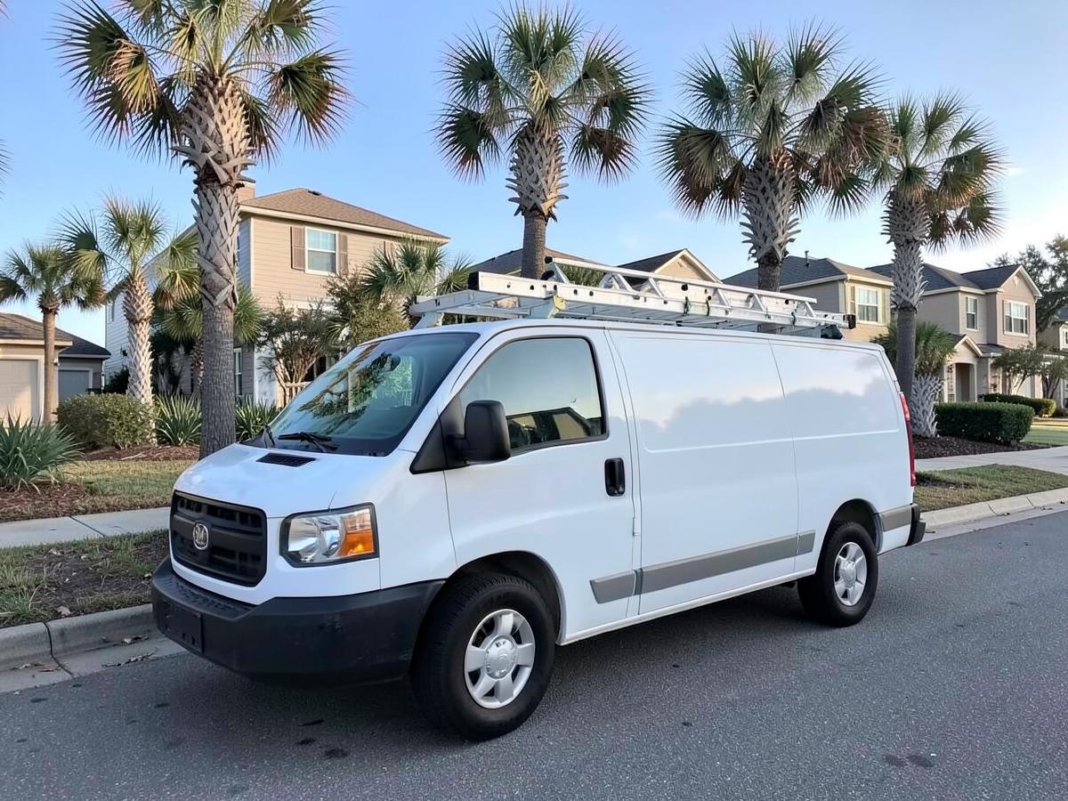 Plain white contractor van with a roof ladder rack parked on a palmetto-lined coastal suburban street