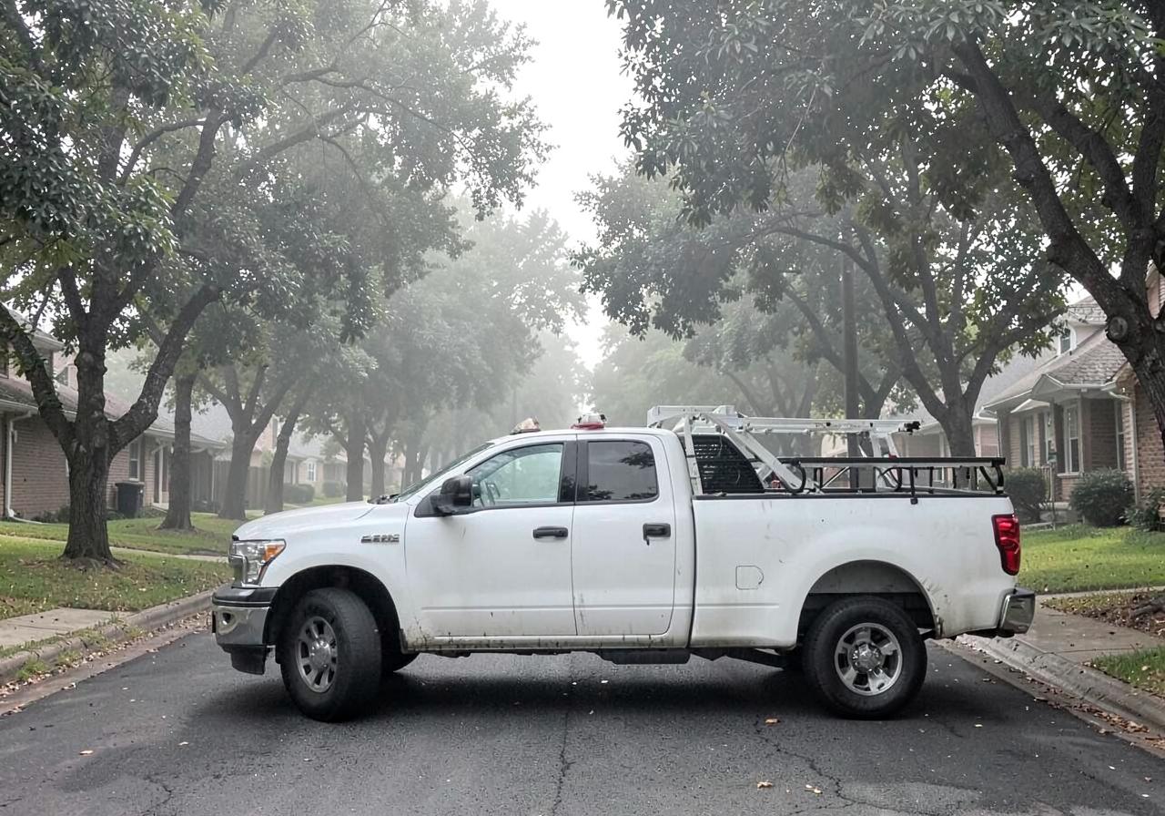 Unmarked white contractor pickup truck with a ladder rack parked on a tree-lined residential street in morning haze