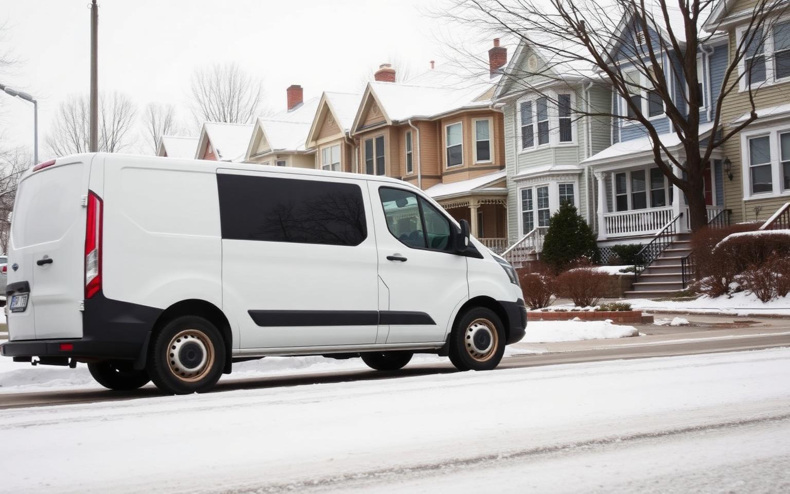 Contractor's service van parked on a snow-lined Scranton street in winter