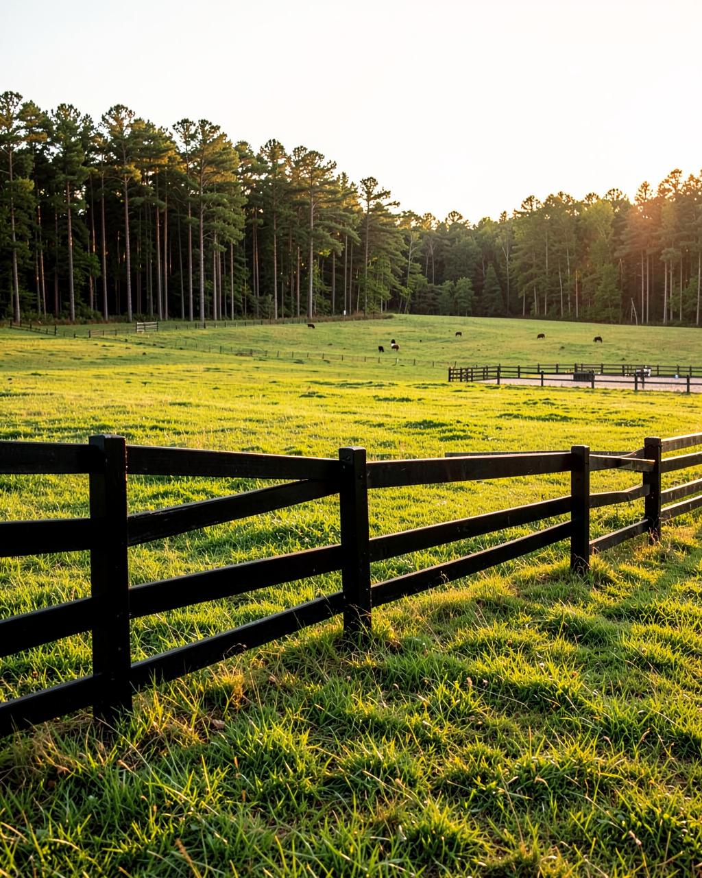 Long run of black board fencing crossing a large green pasture toward a pine treeline at golden hour