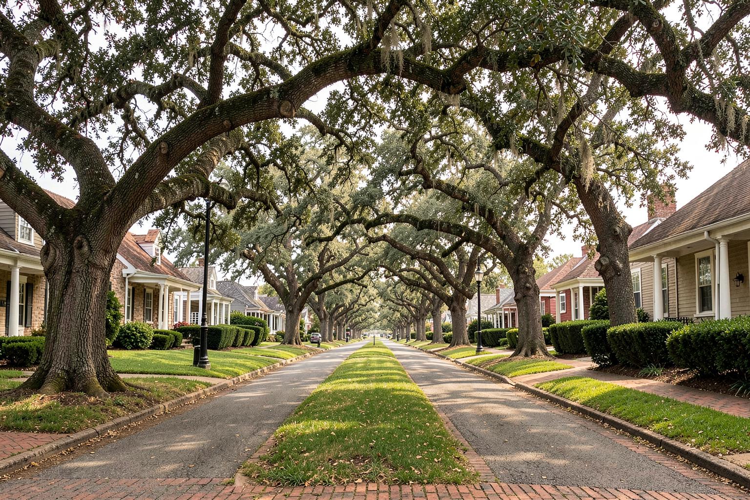 Wide residential street with a grassy median parkway beneath arching live oaks and older homes