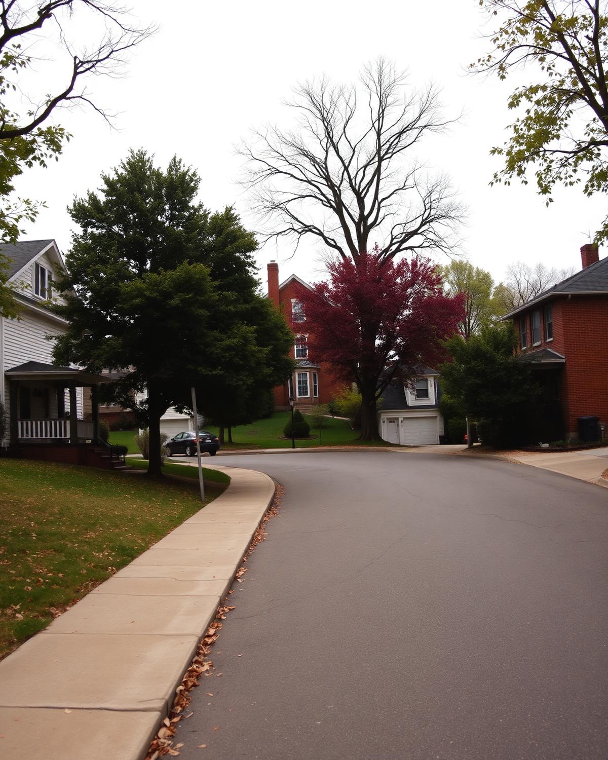 Street of modest 1920s clapboard and brick houses on a gentle hill under soft overcast light