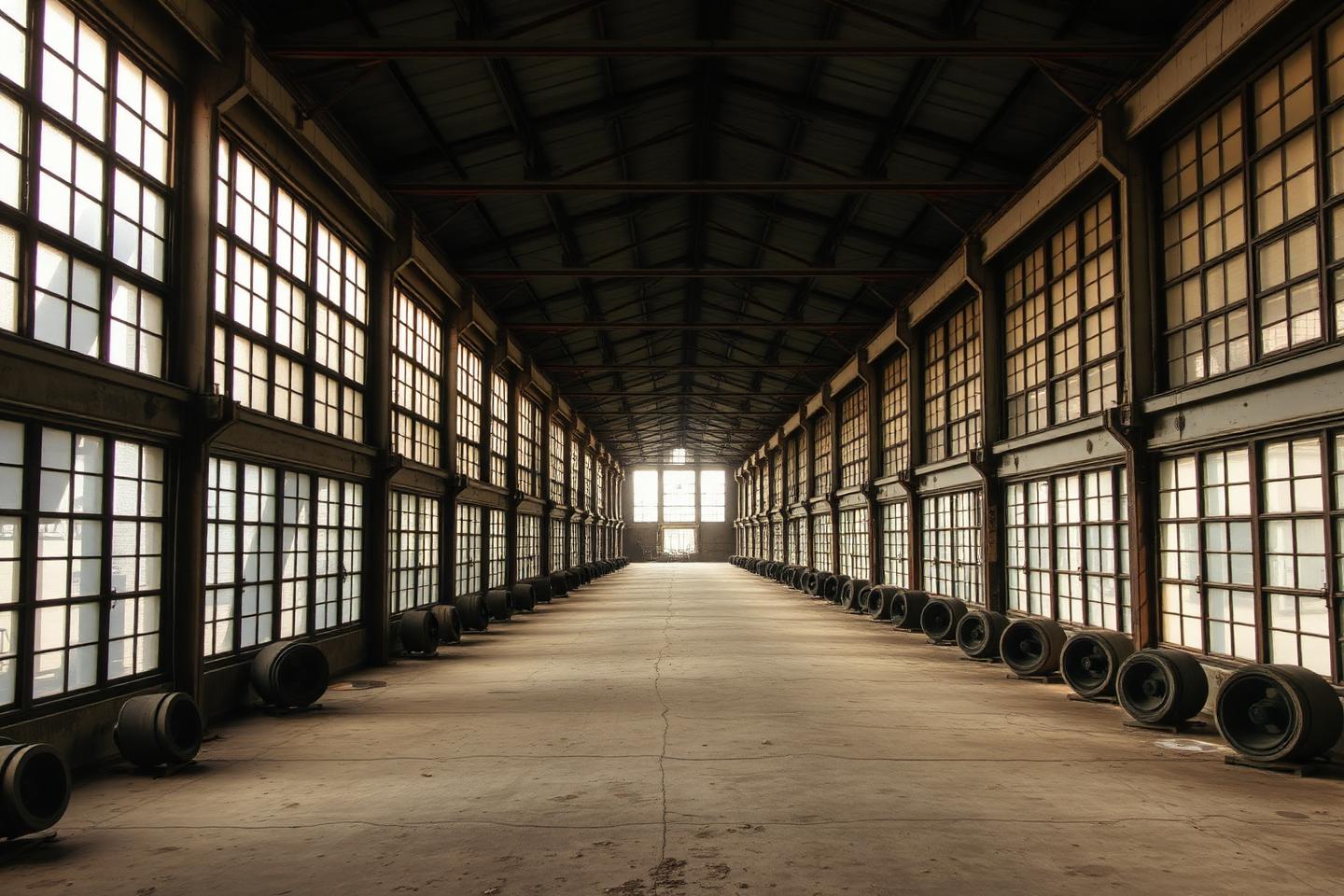 Interior of an old factory building with long rows of steel-framed windows and a worn concrete floor