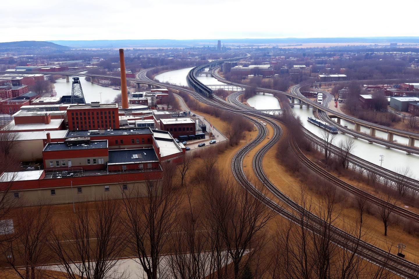 Overcast view from a hillside over a low brick industrial city with rail lines curving through a river valley