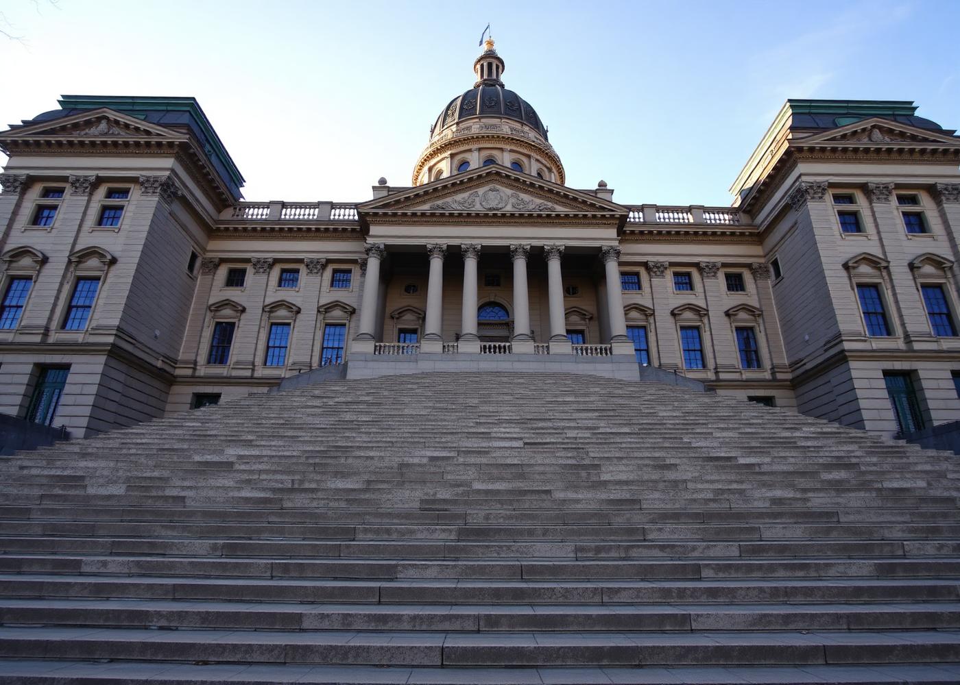 New York State Capitol in Albany seen from the granite steps in crisp morning light