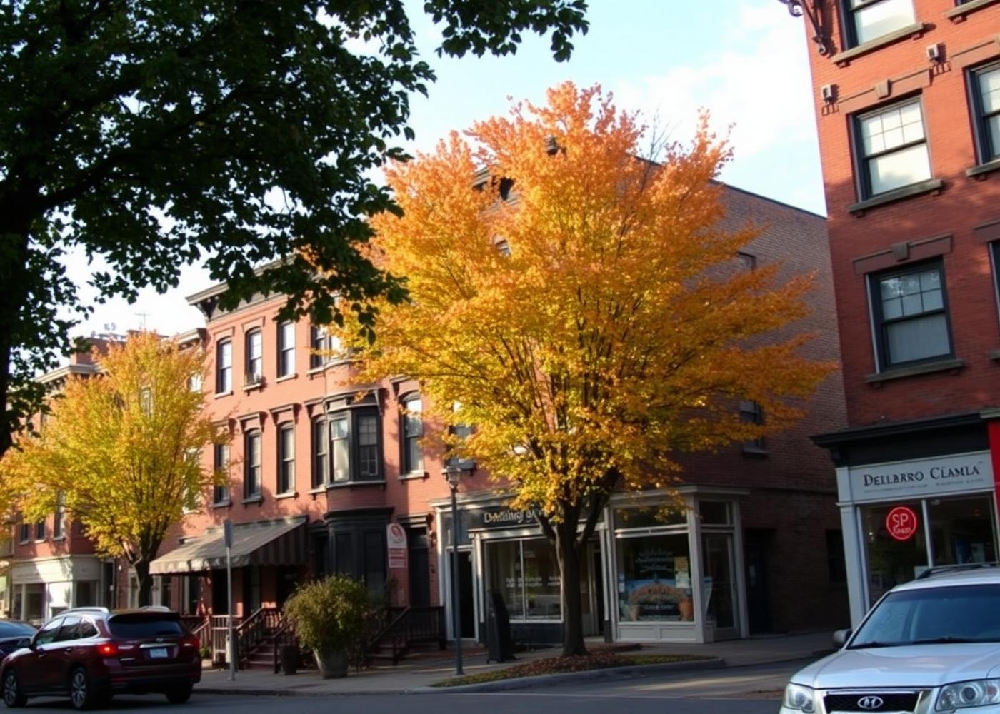 Lark Street in Albany New York with brick rowhouses, storefronts and autumn maple trees