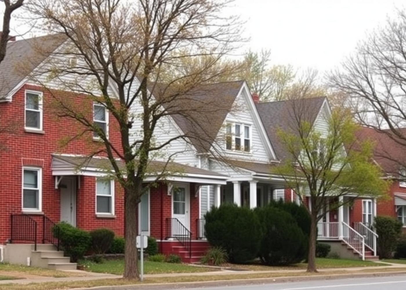 Row of older brick and sided twin homes with front porches on a quiet Allentown residential street