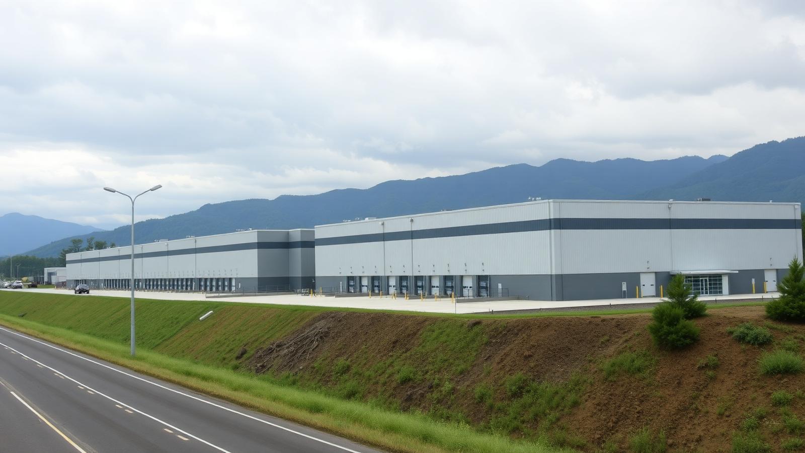 Large distribution warehouses with loading docks beside a highway in the Lehigh Valley