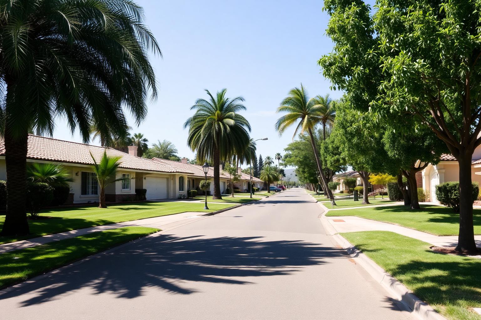 Quiet Anaheim residential street lined with single-story tract homes and mature trees