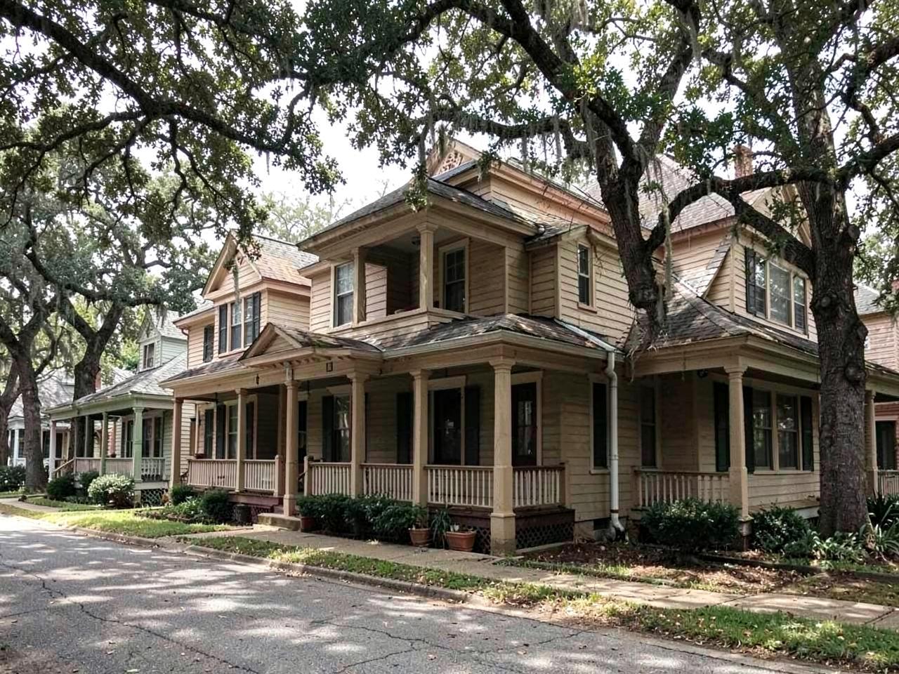 Shaded street of early twentieth century wood bungalows with deep front porches beneath tall oaks