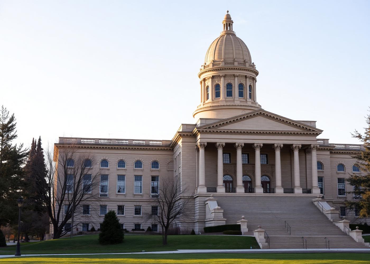 Idaho State Capitol in Boise, sandstone dome and neoclassical facade above a lawn