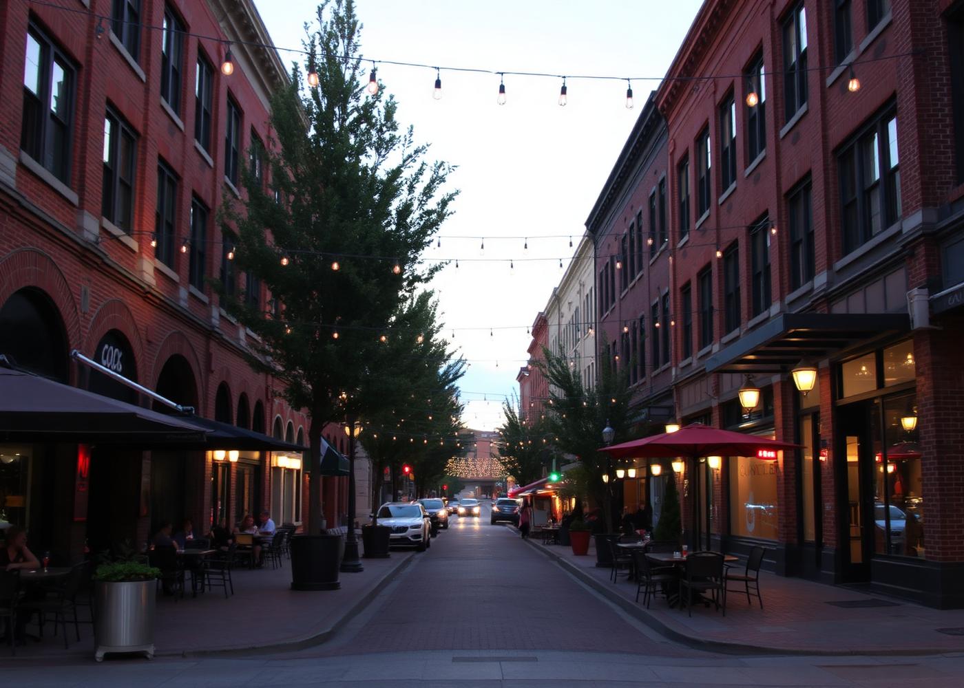 Downtown Boise street with brick buildings, patio dining and string lights in the evening