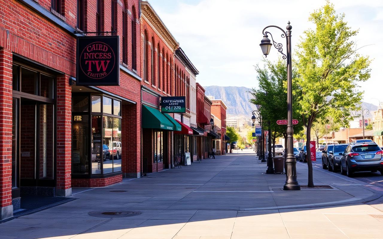 Historic brick storefronts along Carson Street in downtown Carson City, Nevada in warm afternoon light