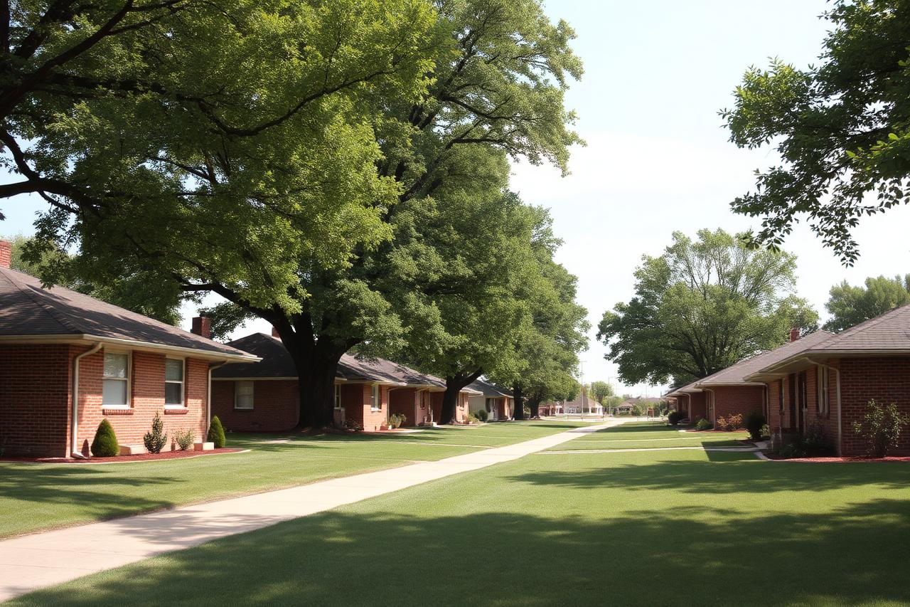 Mid-century brick ranch houses with deep lawns and mature shade trees on flat terrain