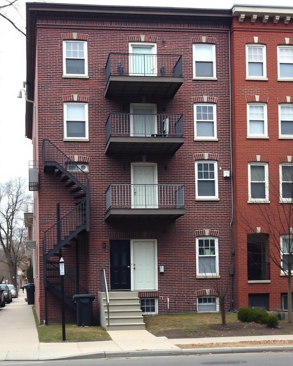 Three-story brick apartment building with exterior stairs and small balconies on a residential street