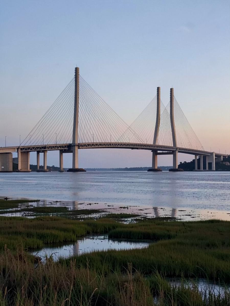 Cable-stayed bridge over a wide coastal river near Charleston seen across tidal marsh grass at dusk