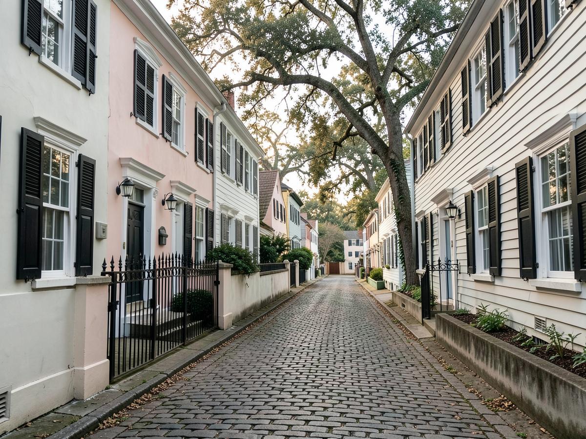 Narrow historic Charleston street with pastel houses, black shutters, wrought iron gates and cobblestones