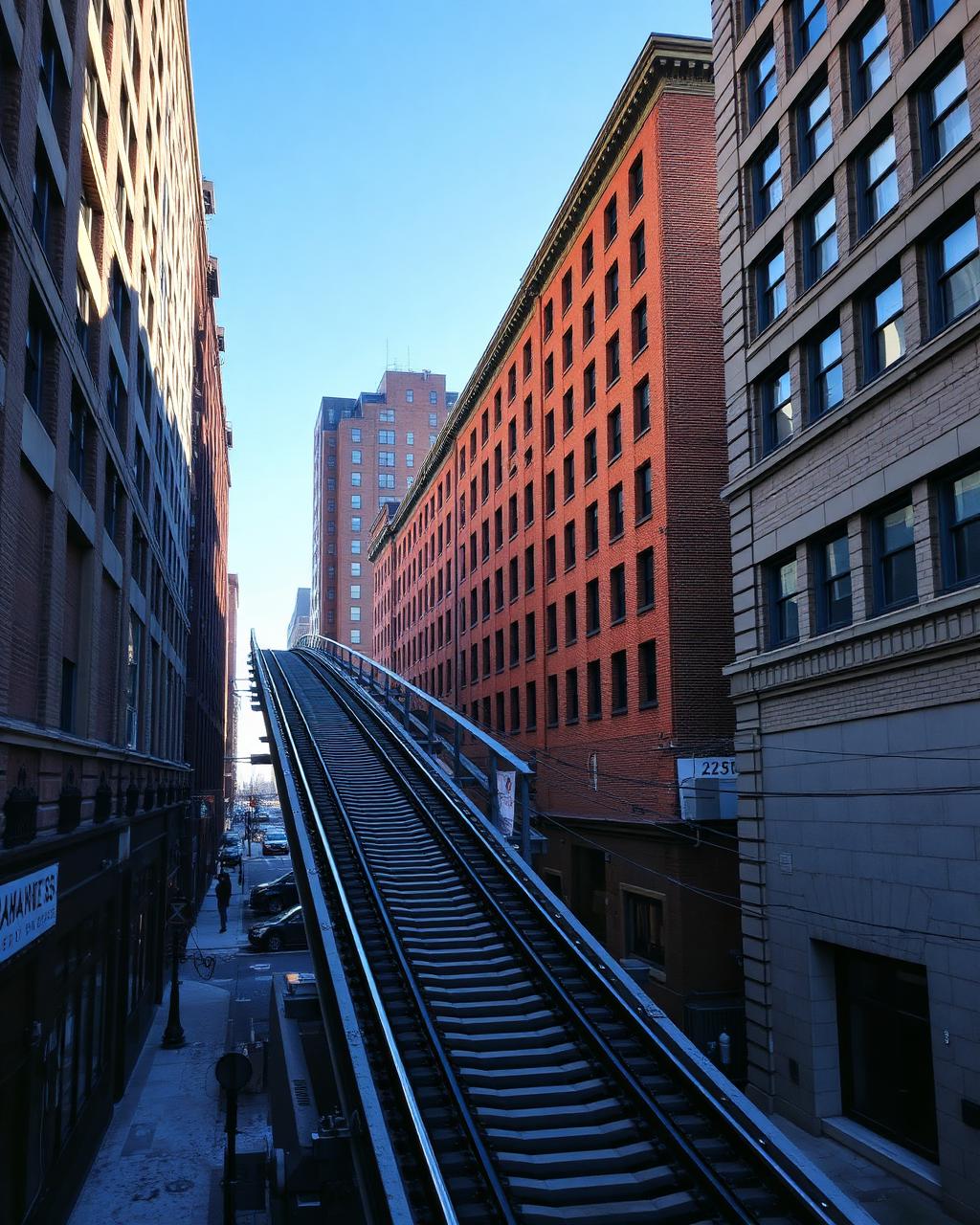 Elevated steel rail tracks curving between tall brick buildings on a cold clear morning