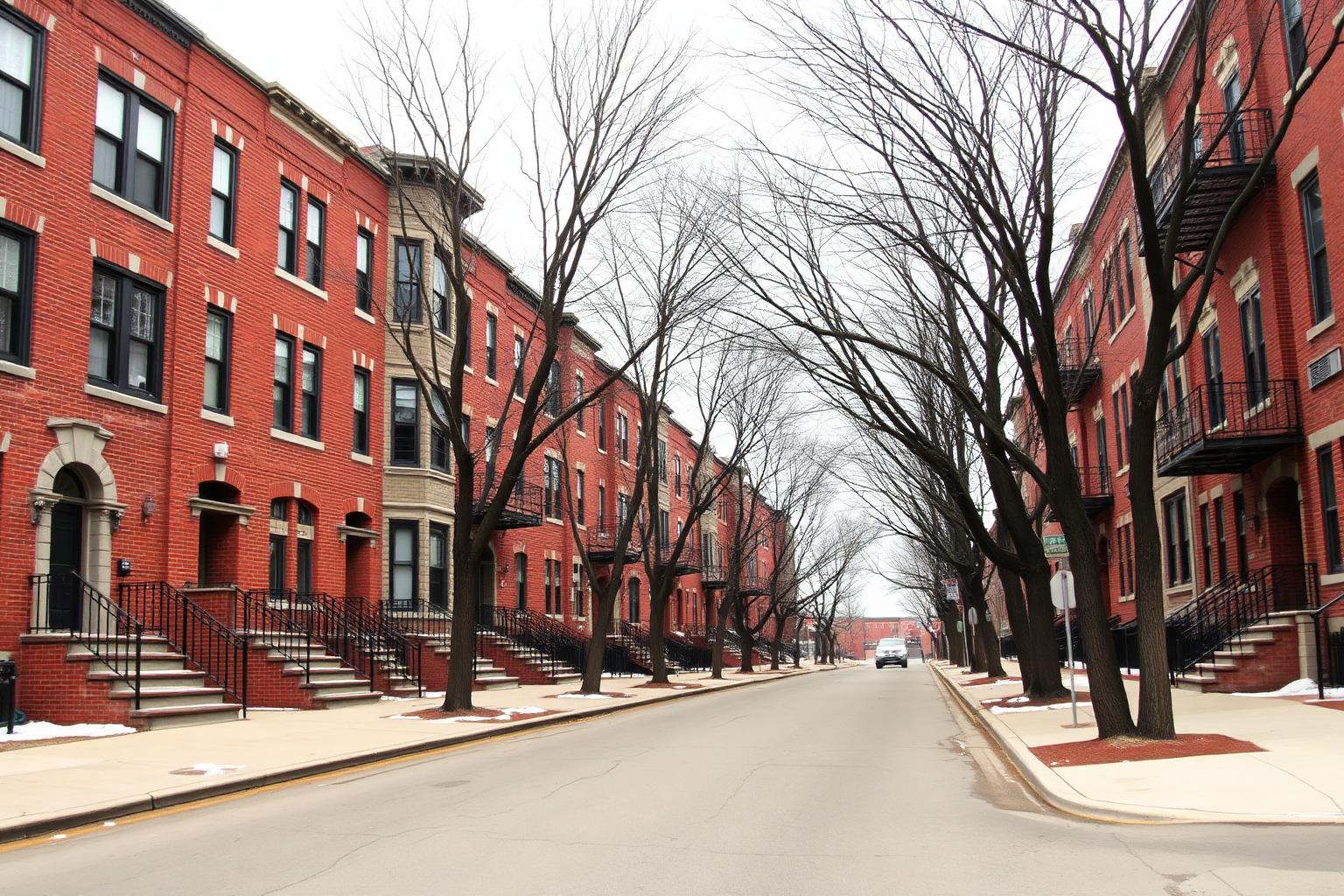Chicago residential street lined with brick two-flat and three-flat buildings and stone stoops in winter