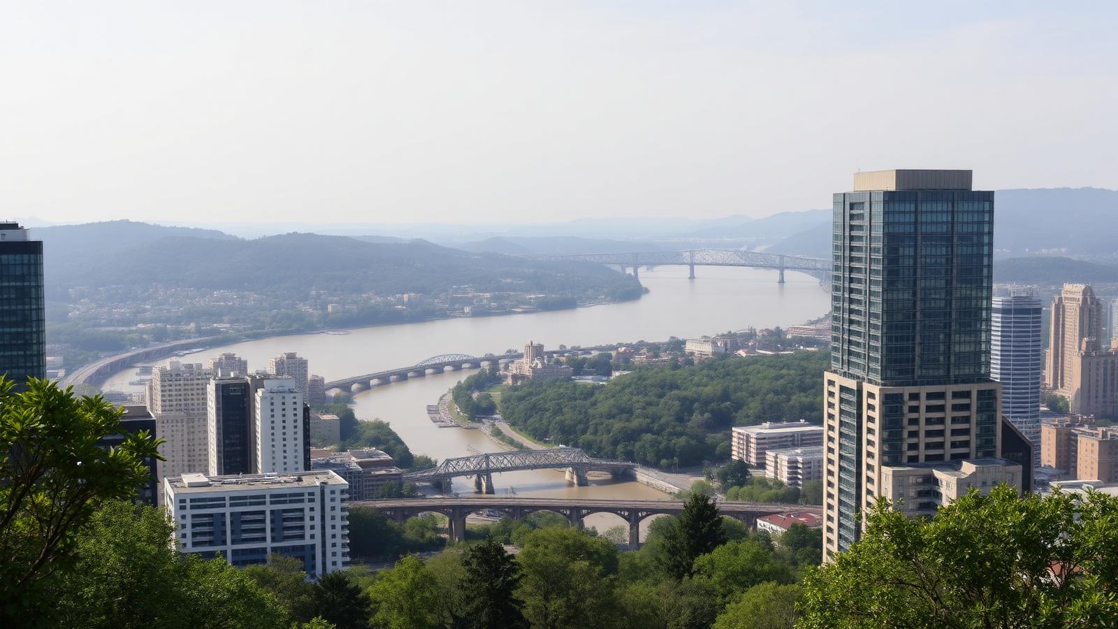 River city skyline of glass and stone towers seen from a green hillside overlook with bridges crossing a wide river