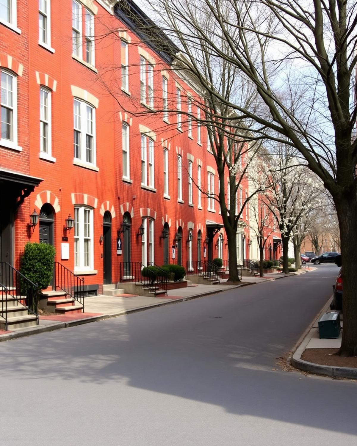 Street of 19th-century red brick homes with tall windows, stone lintels and short front stoops