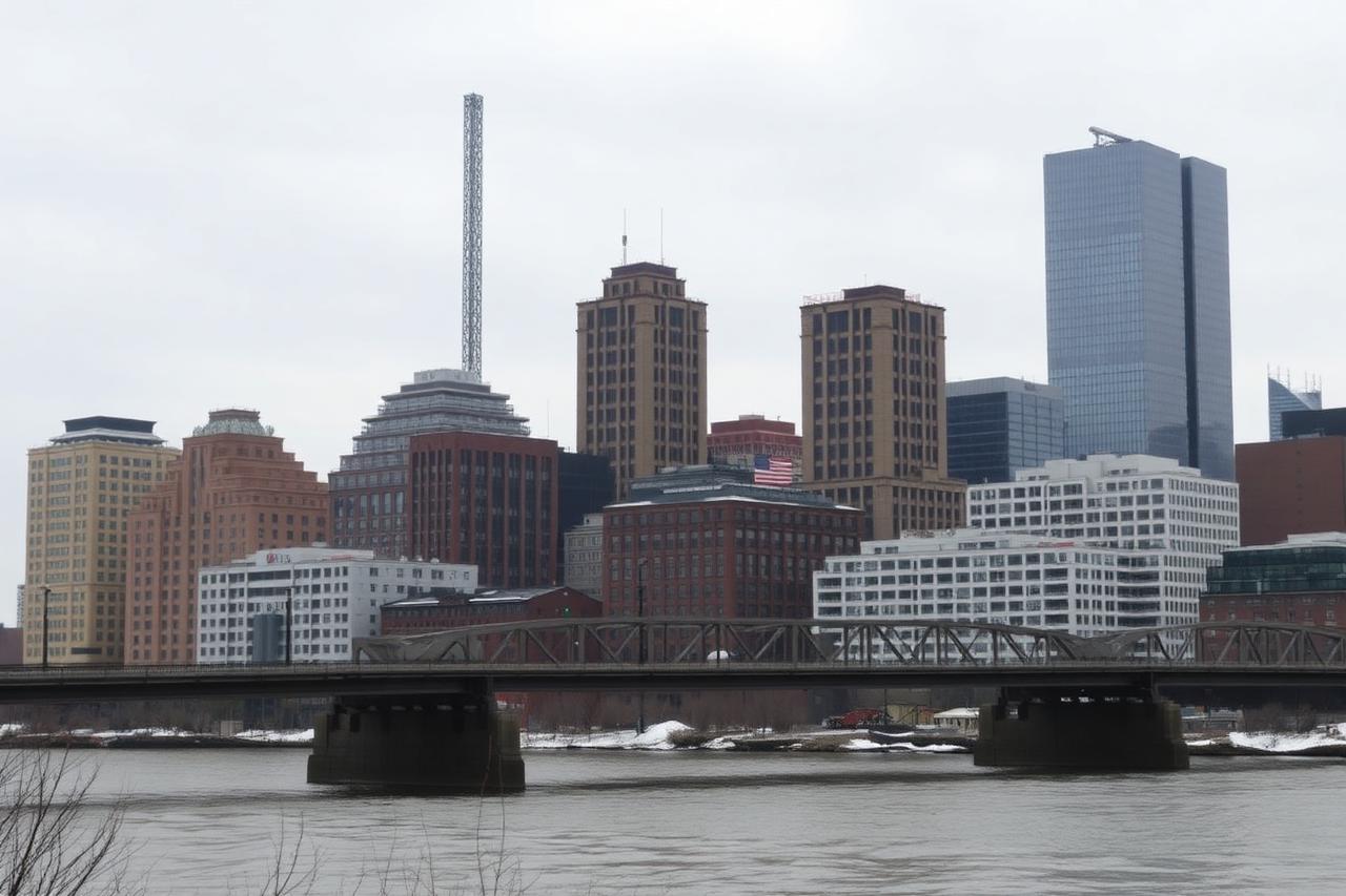 Older stone and glass downtown towers seen across a wide river under a gray winter sky