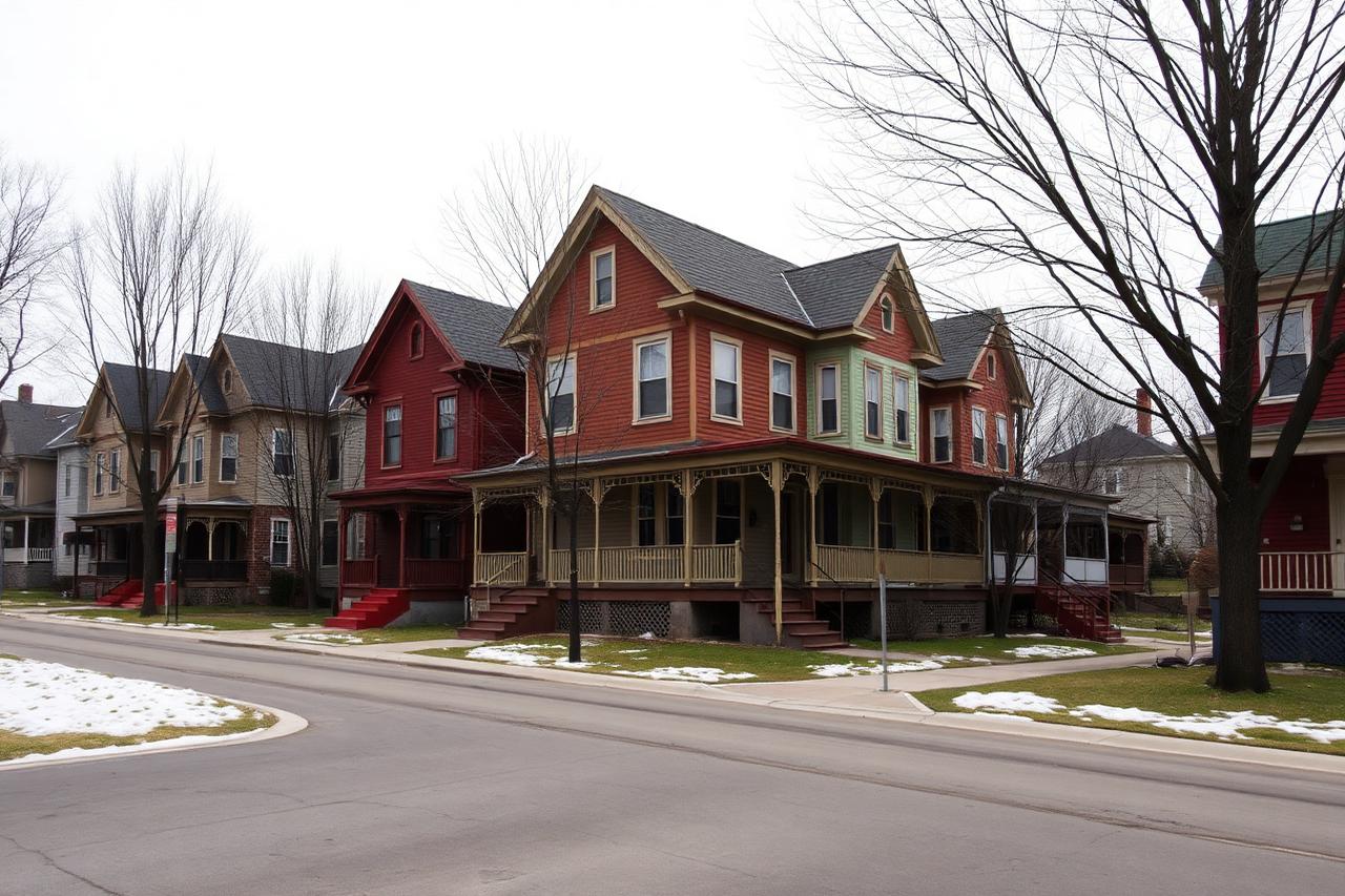 Street of century-old wood frame houses with deep front porches and patches of snow on the lawns