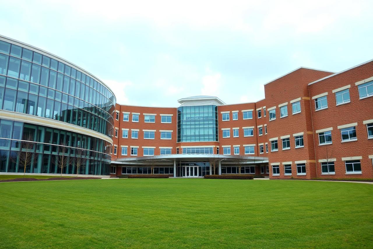 Large hospital and research campus with curved glass and brick wings behind an open lawn