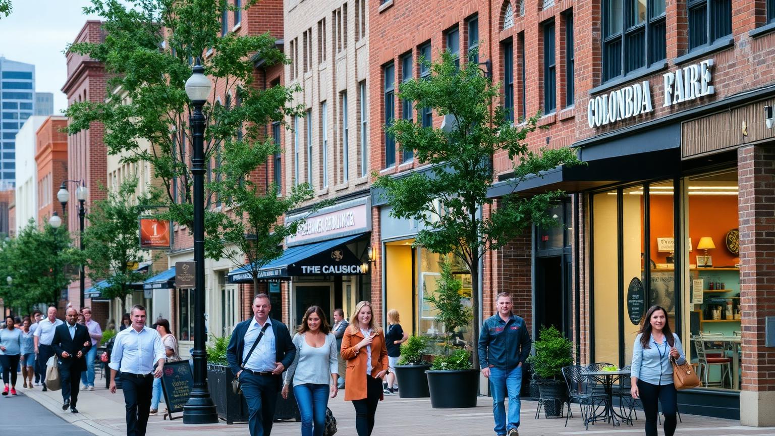 Main Street district in Columbia South Carolina with brick storefronts, cafe patios and pedestrians