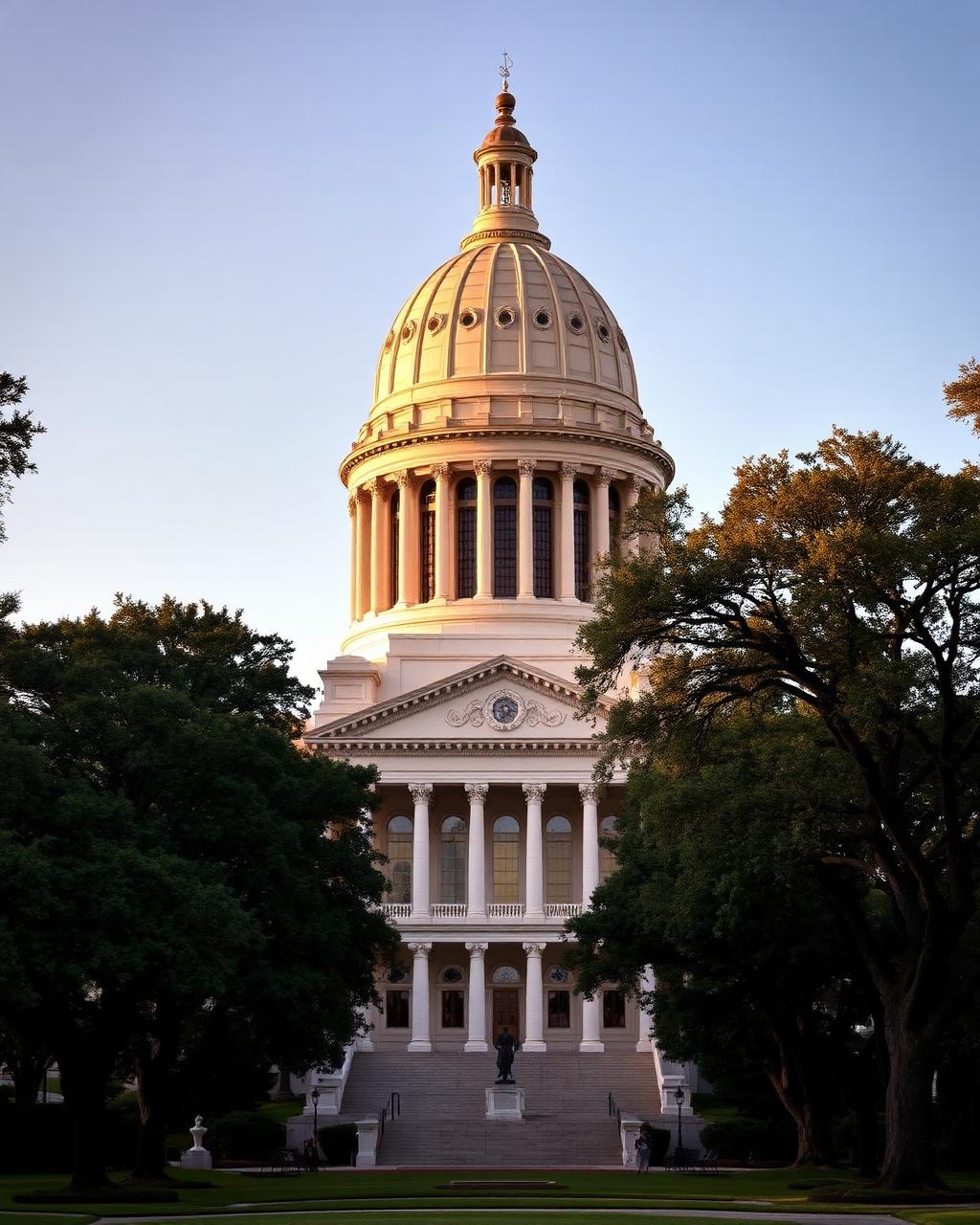 South Carolina State House in Columbia framed by oak trees in late afternoon light