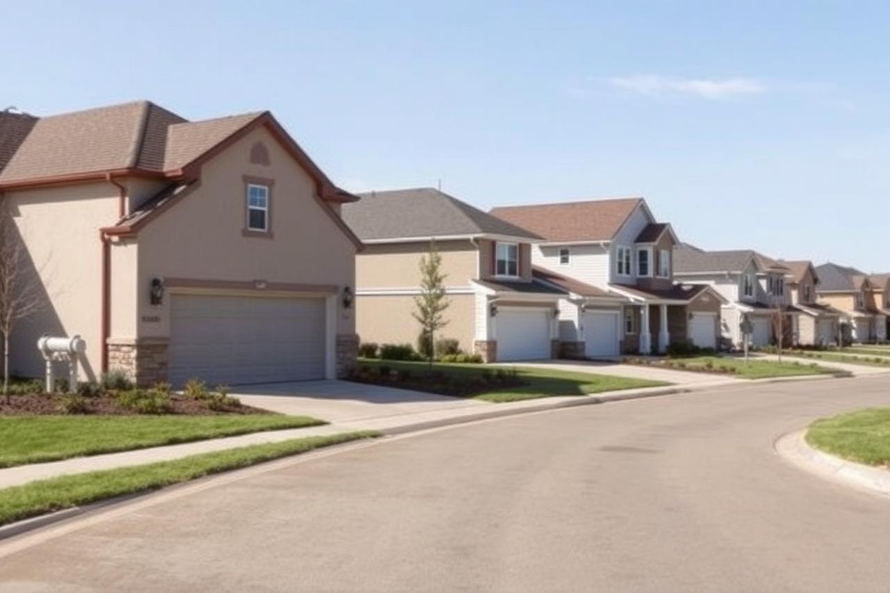 Newly built suburban houses with attached garages and wide concrete driveways on a curving street