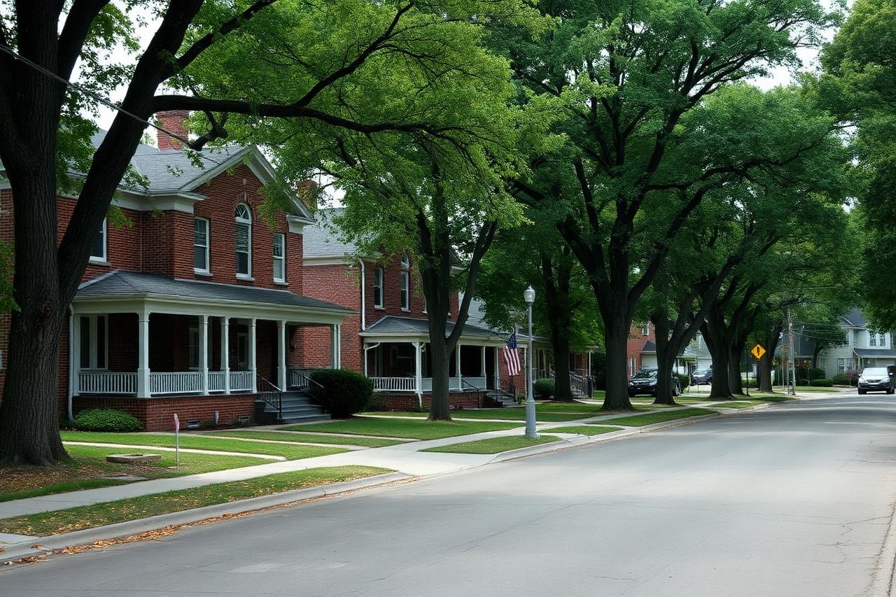 Established neighborhood of brick two-story homes with deep porches under mature shade trees