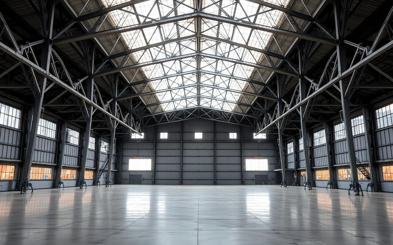 Interior of a large vintage aircraft hangar with steel roof trusses and a bare polished concrete floor