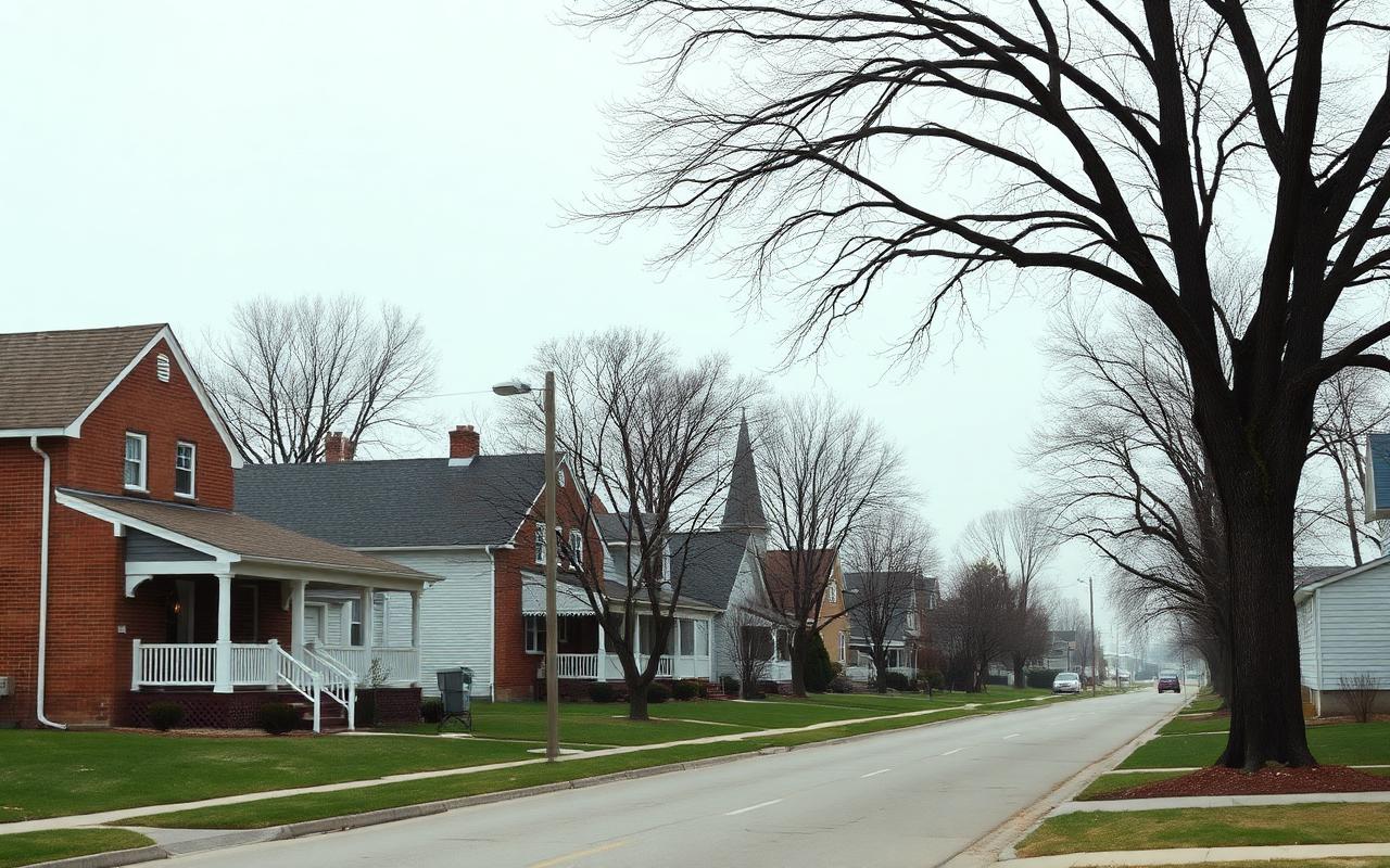 Quiet street of modest brick and clapboard houses with wide lawns and bare mature trees under soft grey light