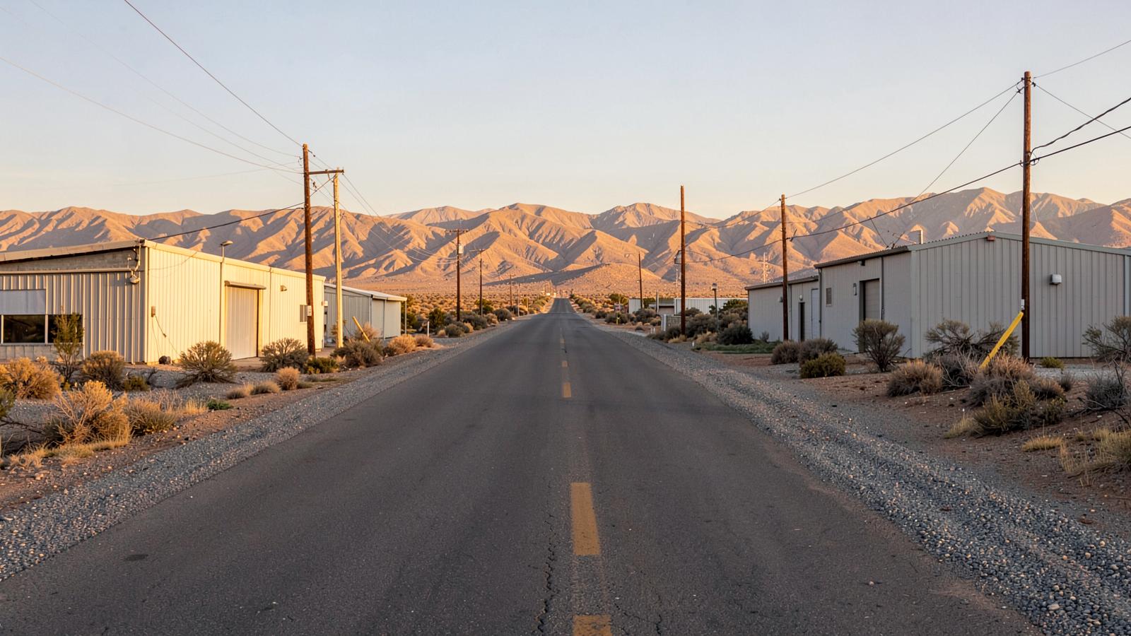 Quiet high-desert road past plain metal shop buildings and utility poles with dry mountains beyond in golden evening light